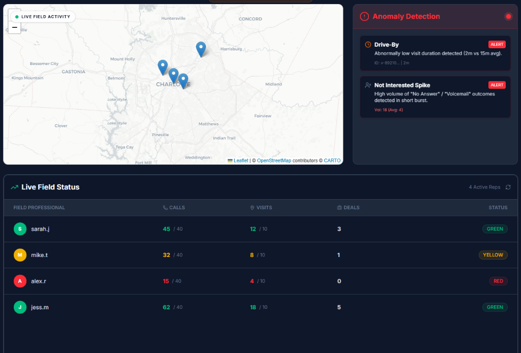 Realistic FieldCRM Map Interface showing pins and sales data